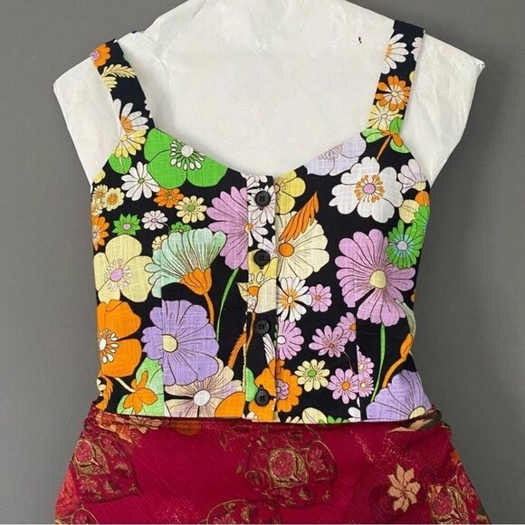 Maje 60s Mod Floral Crop Top Retro Psychedelic Daisy Print Bustier - Picture 3 of 13
